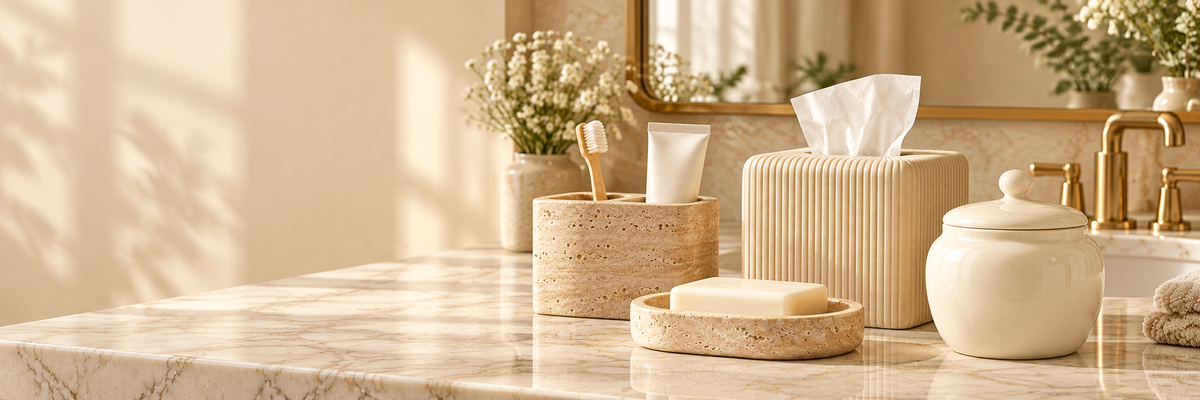 Warm luxury bathroom vanity with beige stone accessories and soft natural light