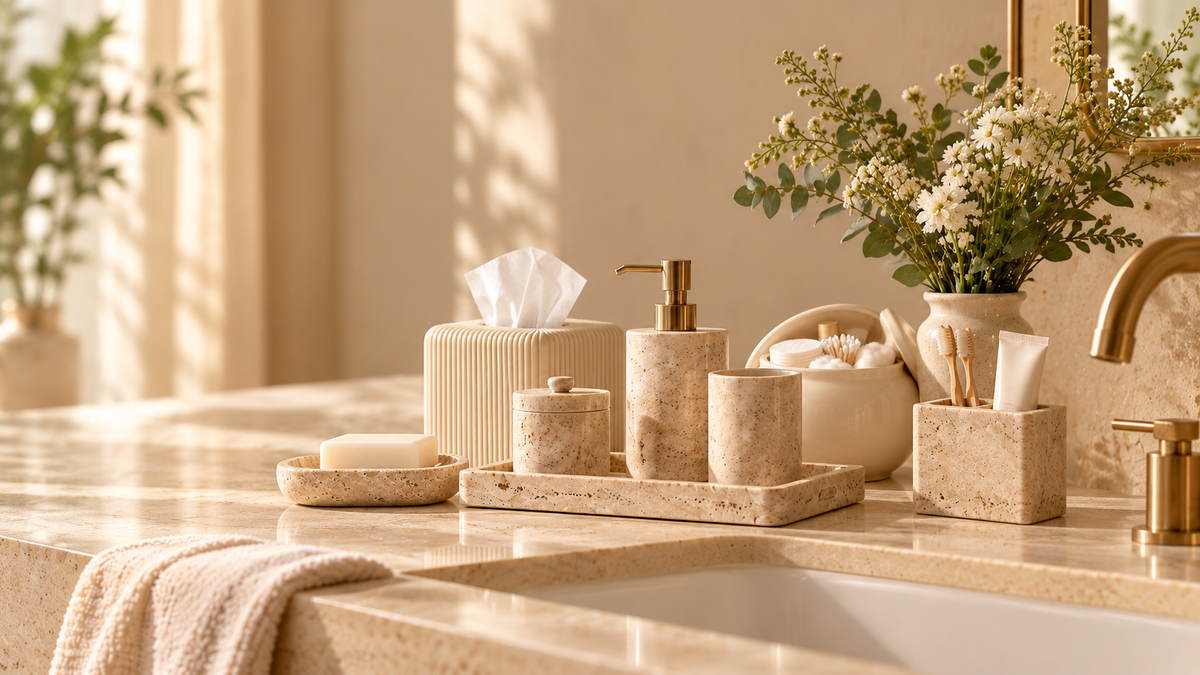 Warm luxury bathroom vanity with coordinated beige stone bathroom accessories, soap dish, dispenser, toothbrush holder, tissue box, cotton jar, and vanity tray
