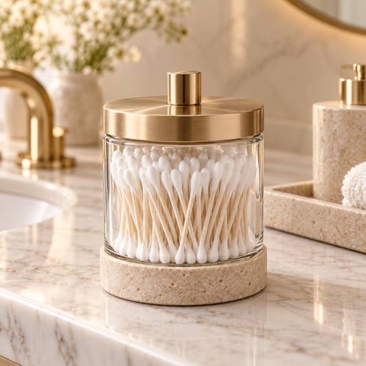 Pojemnik na patyczki kosmetyczne na łazienkowym blacie