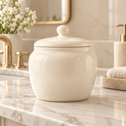Beżowy ceramiczny pojemnik z pokrywką na blacie