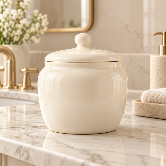 Beżowy ceramiczny pojemnik z pokrywką na blacie