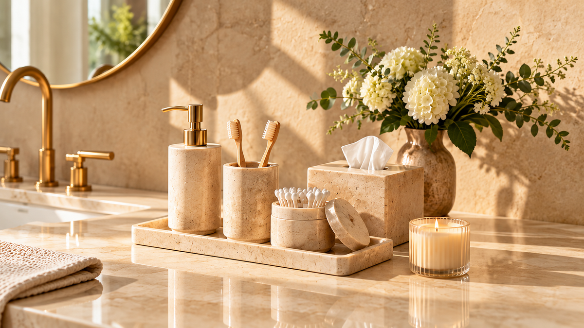 Warm luxury bathroom vanity scene with coordinated beige stone bathroom accessories
